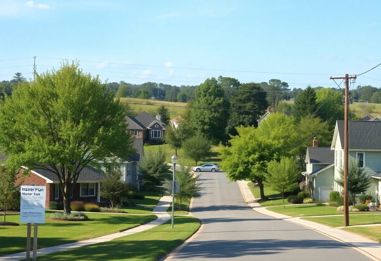 Suburban neighborhood in Plymouth with houses and community signage.