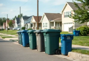 Trash cans at the curb in a Plymouth neighborhood amidst collection delays