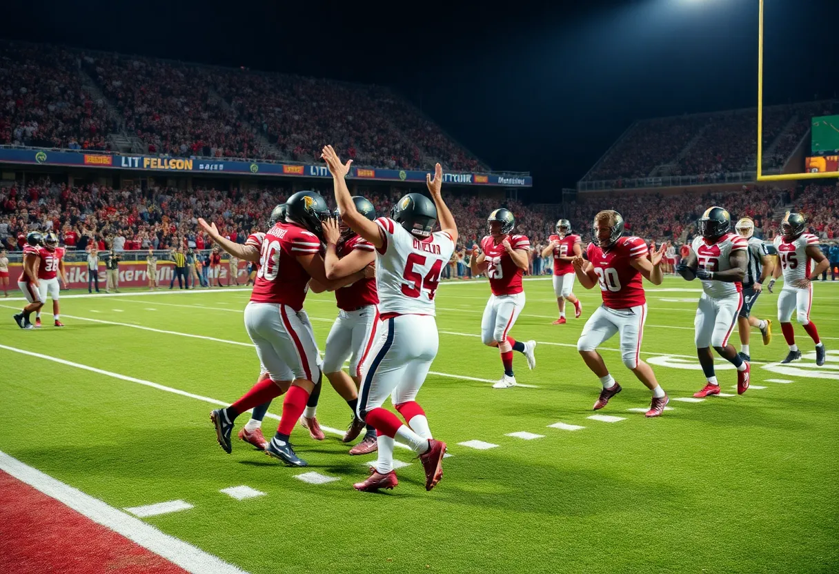 Plymouth Wildcats team celebrating their win on the football field.