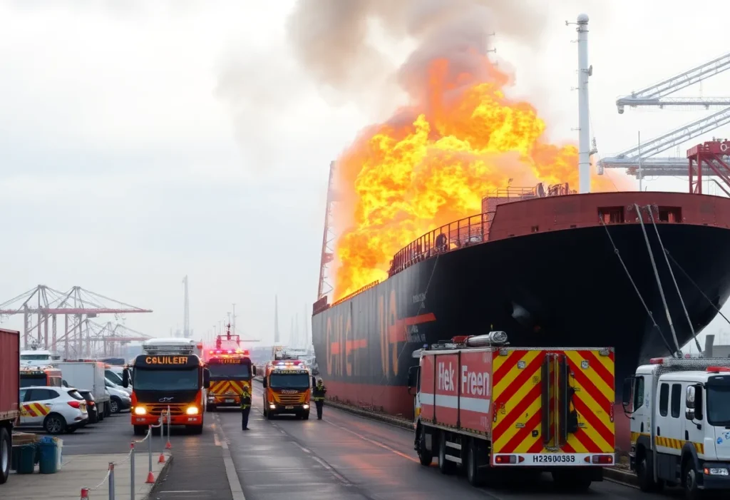 Firefighters extinguishing a chemical fire on a vessel at Port Taranaki