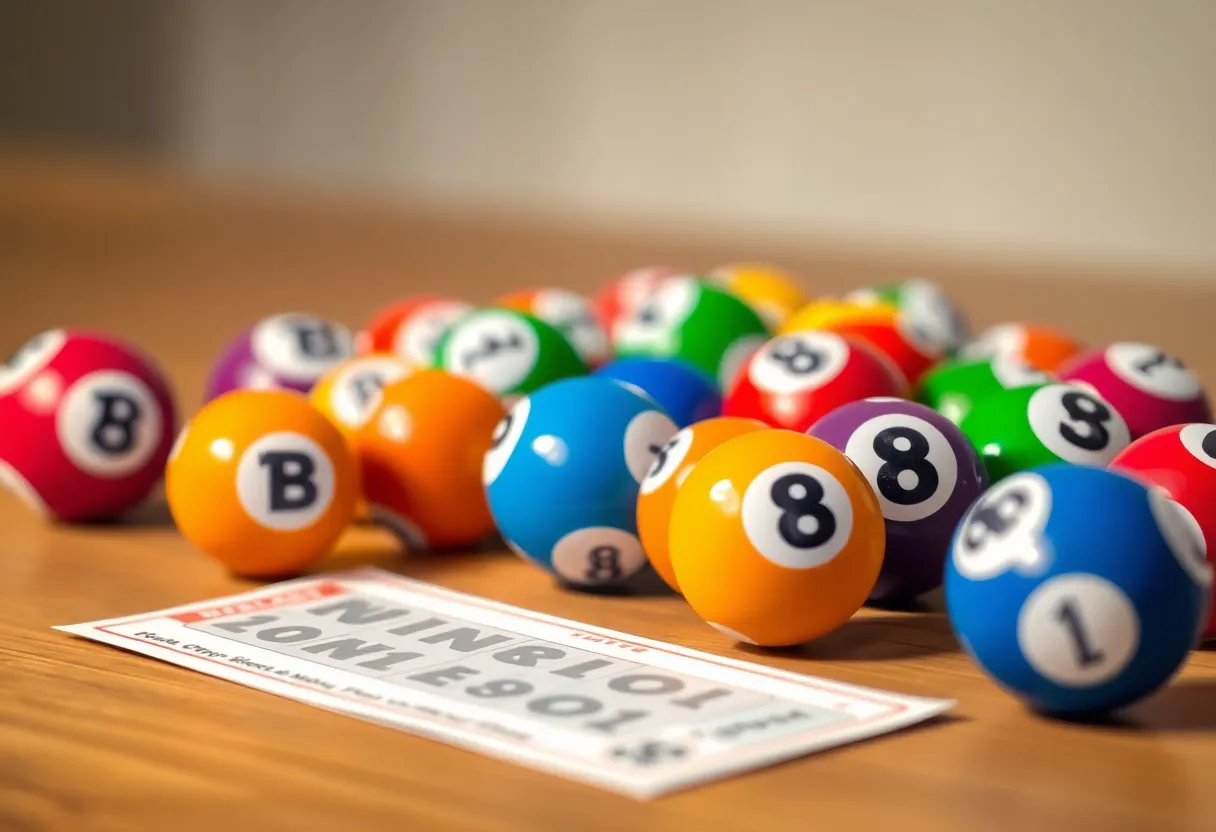 Colorful Powerball lottery balls and winning ticket