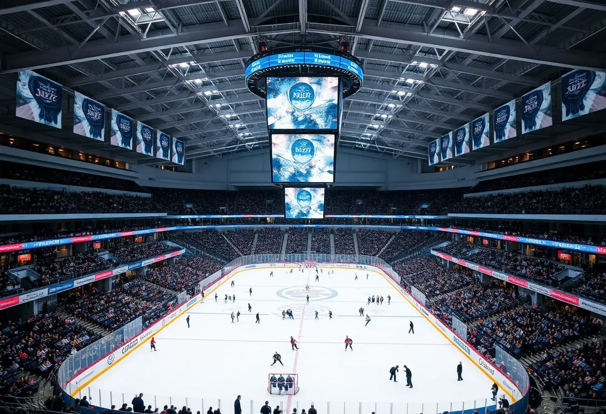 Interior view of the renovated Munn Ice Arena, featuring modern upgrades and historical elements.