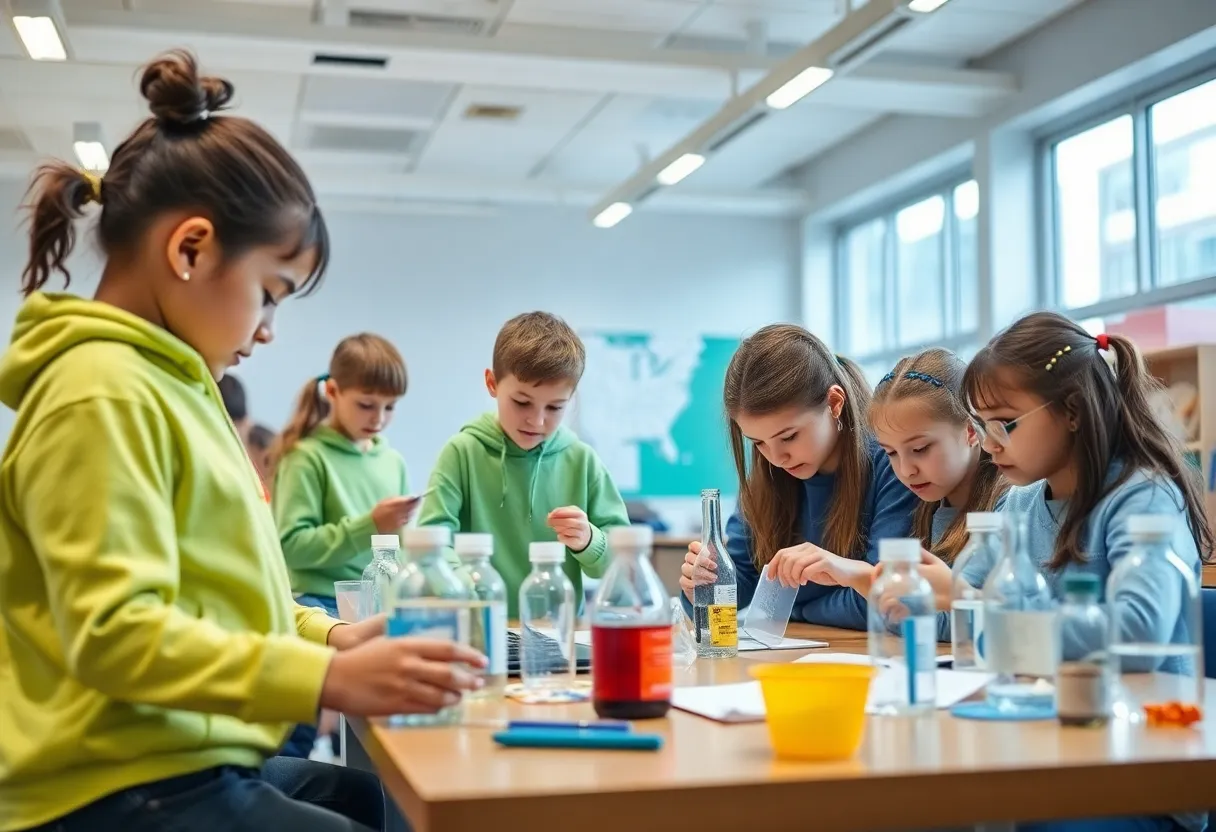 A renovated school classroom featuring science and art activities.
