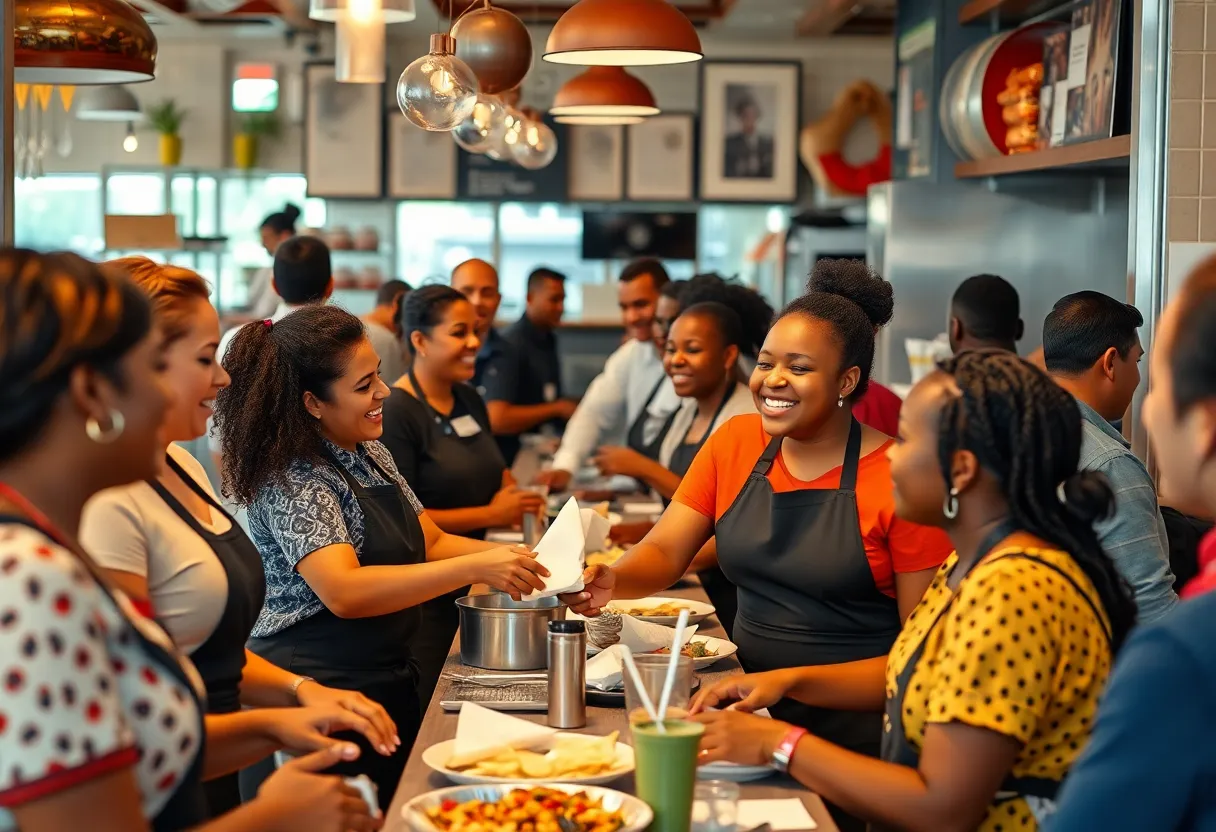 Service workers in a restaurant smiling and interacting with customers.