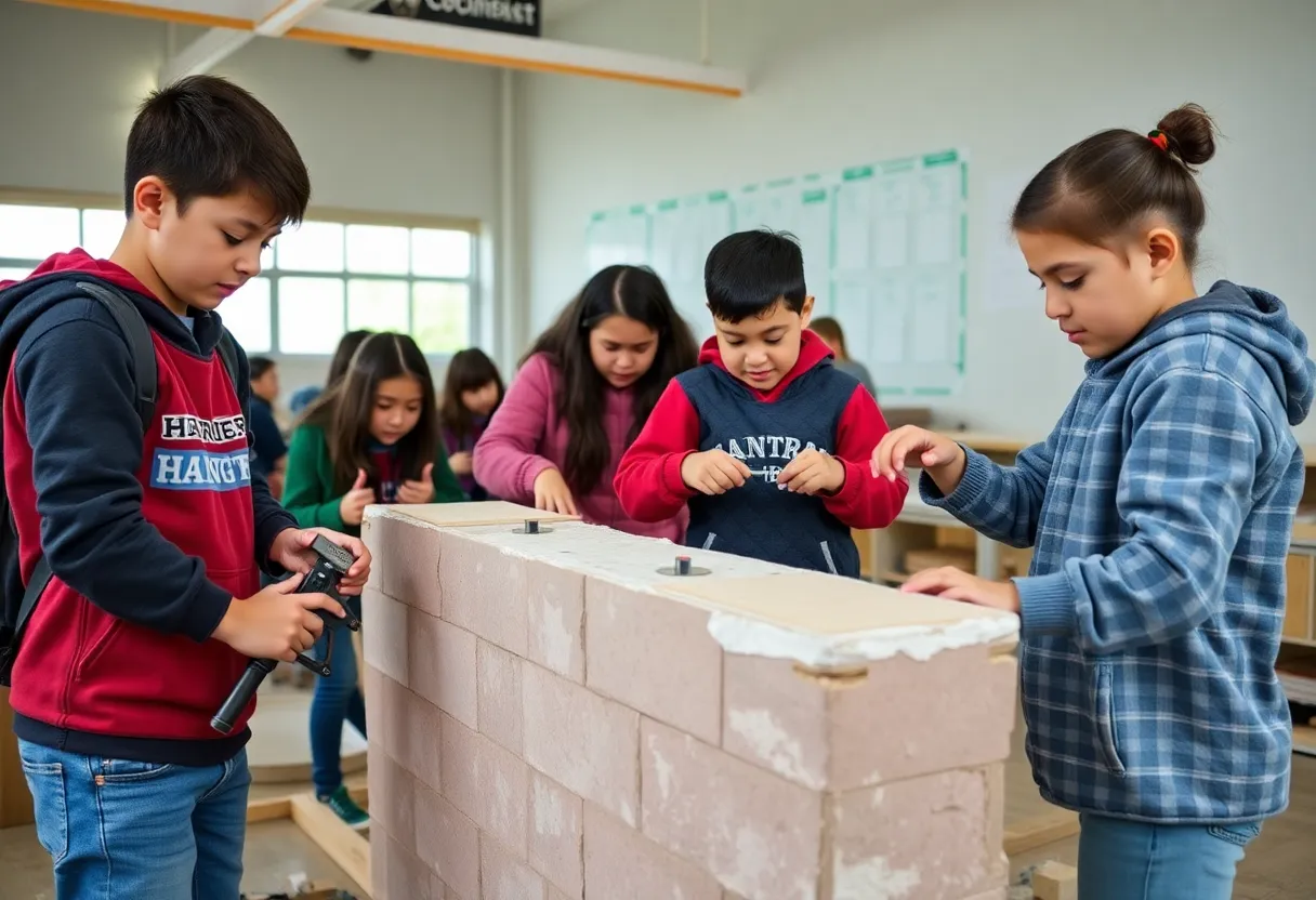 Students participating in a construction project, using tools and building walls.