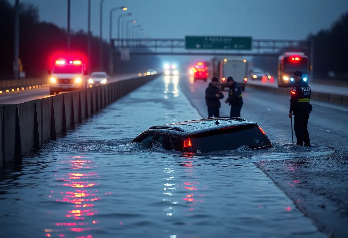 A vehicle submerged in water next to a freeway, highlighting a vehicle crash investigation.