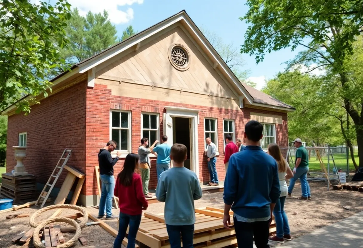 Students and workers involved in the renovation of the Thorington Schoolhouse in Washington Township, Michigan.