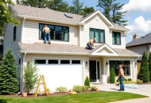 Home improvement workers installing a new roof.