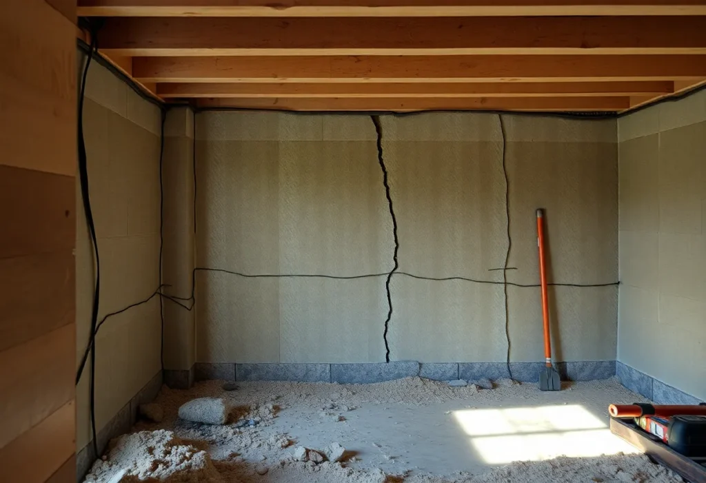 Death Notices Bowing basement wall with visible cracks and distortions
