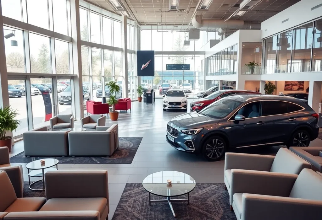 Interior of a contemporary Ford dealership featuring open spaces and cozy lounges