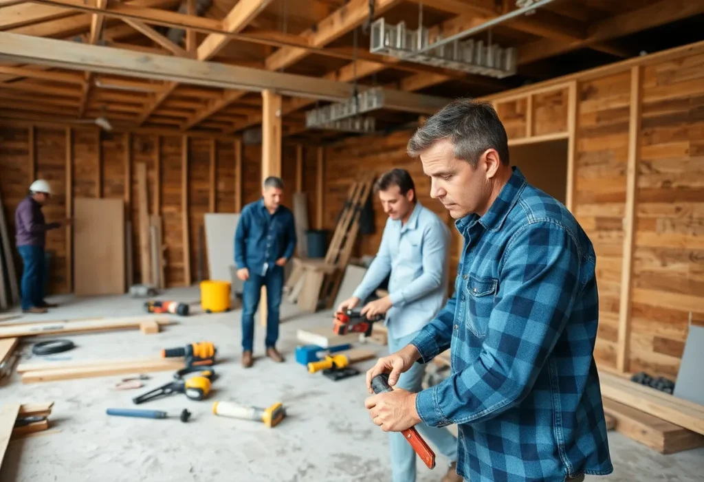 Construction site focused on home remodeling with workers.