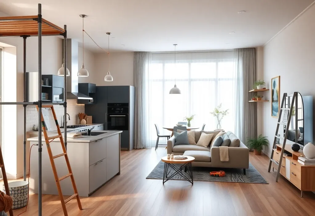 Death Notices Rendered image of a modern home renovation showing kitchen and living area