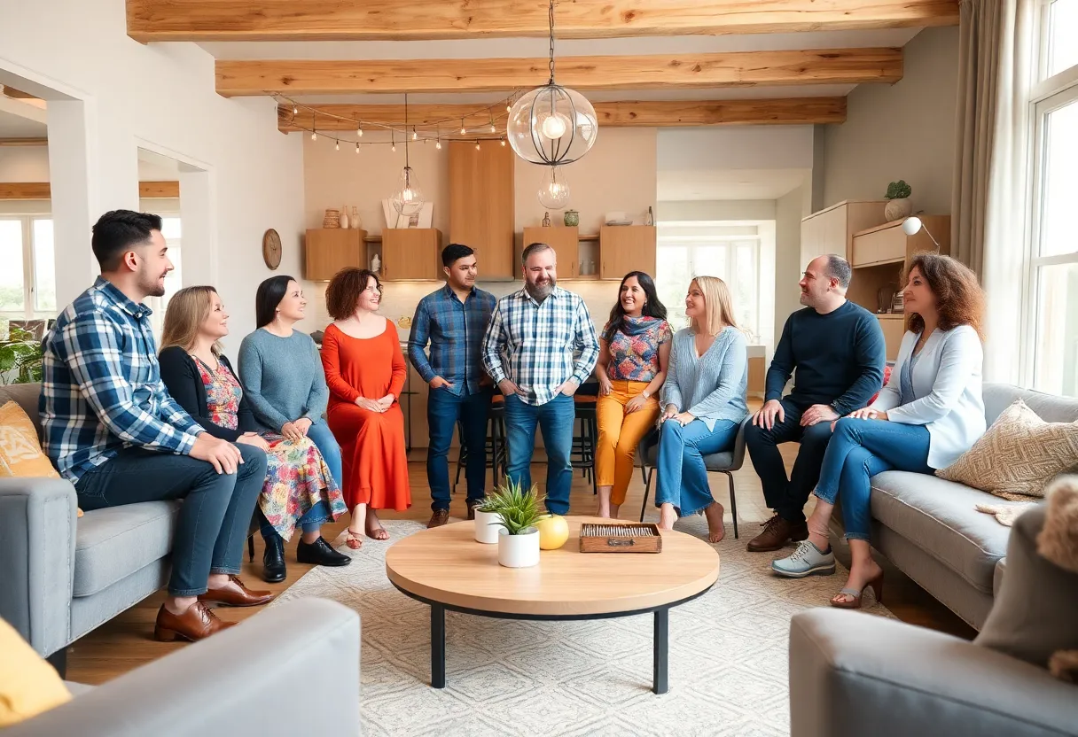 Diverse homeowners in a cozy living room discussing renovation plans