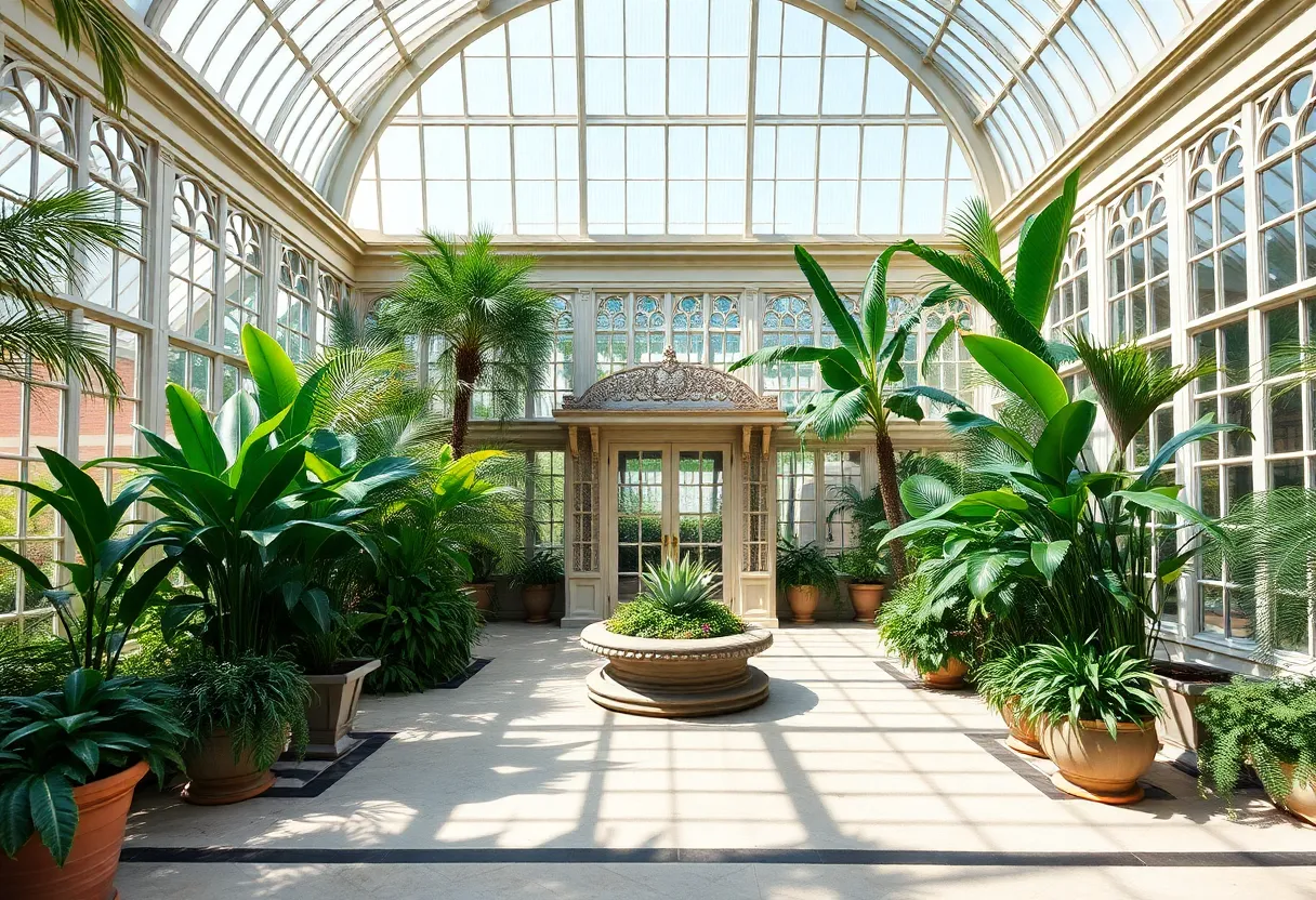 Interior view of the renovated Anna Scripps Whitcomb Conservatory showcasing exotic plants and bright glass structures.