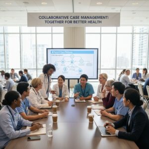 Healthcare professionals discussing case management at an ACMA conference