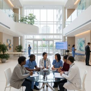 Healthcare professionals collaborating on case management.