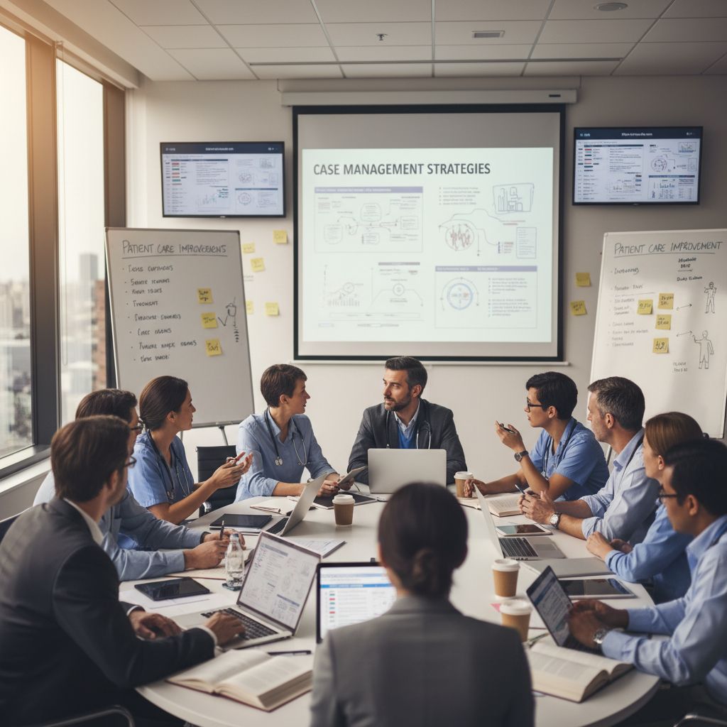 Healthcare professionals discussing case management at a conference