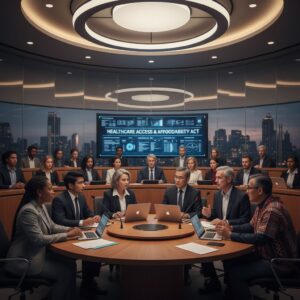 A diverse group members of Congress discussing healthcare legislation