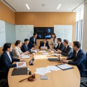 Legal professionals collaborating in a courtroom on case management