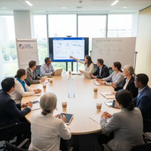 Patient advocates and researchers collaborating on cancer research initiatives