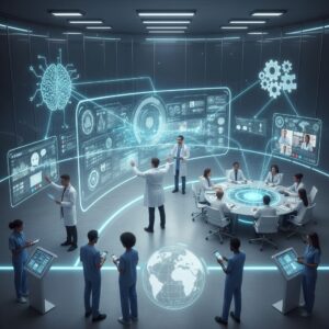 Illustration of innovative healthcare communication tools and AI technology.