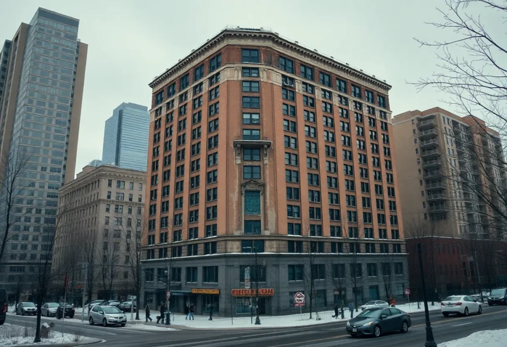 Leland House, a historic 20-story building in Detroit, facing eviction.