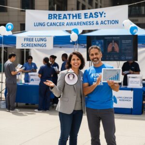 Supportive couple advocating for lung cancer awareness.