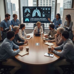 Healthcare professionals discussing lung cancer treatment options with patients.