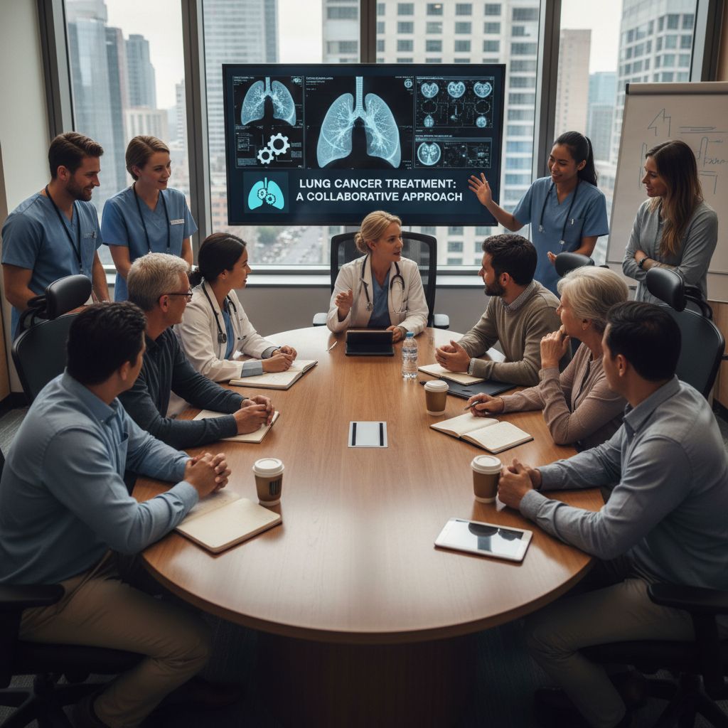 Healthcare professionals discussing lung cancer treatment options with patients.