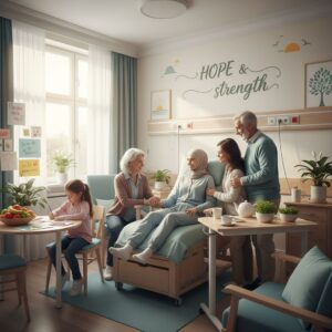 An illustration depicting a supportive environment for cancer patients with family around them.