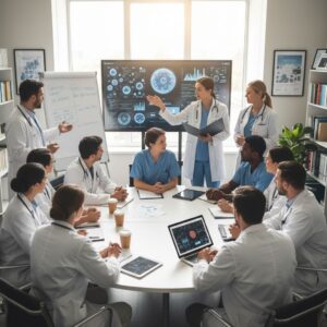 A diverse group discussing patient advocacy in cancer research