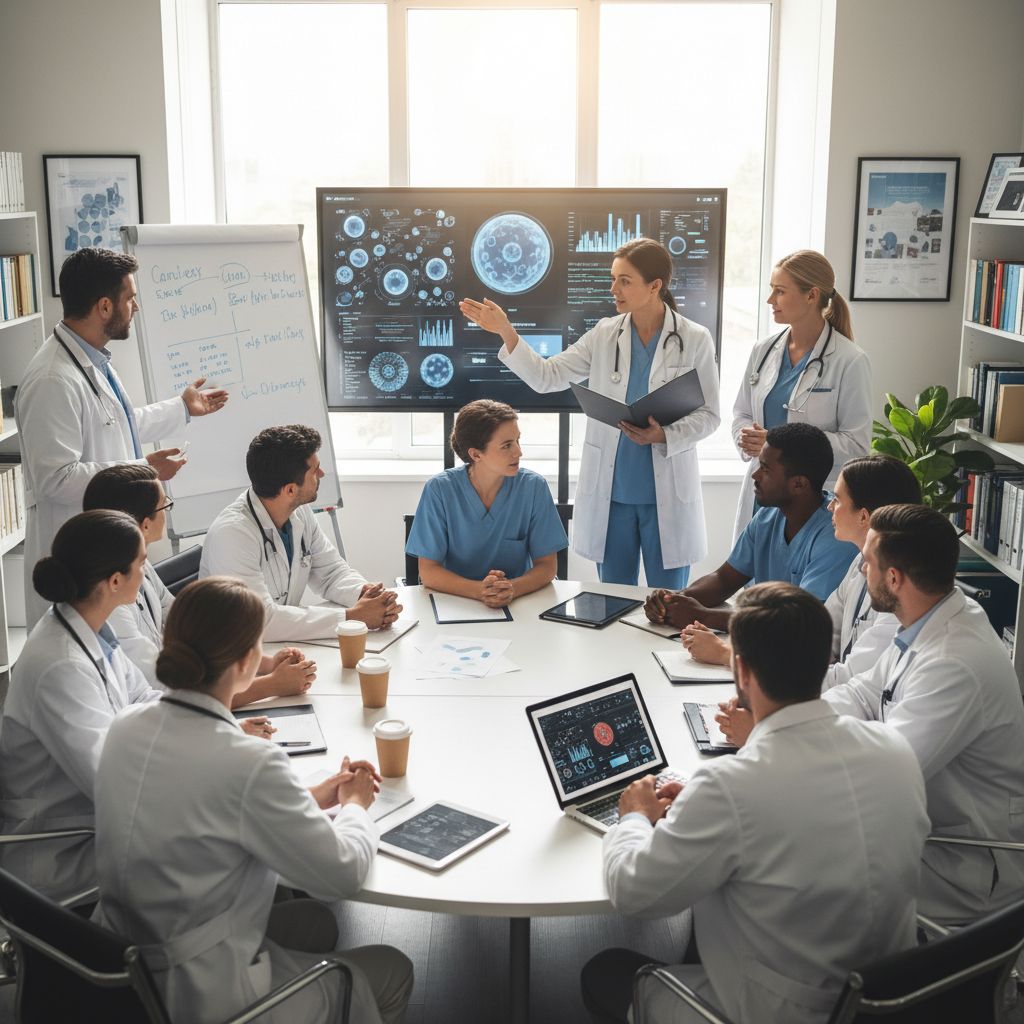 A diverse group discussing patient advocacy in cancer research