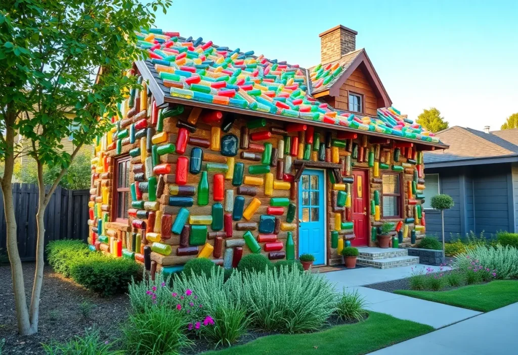 Exterior view of the bottle house in Hazel Park with colorful glass bottles.