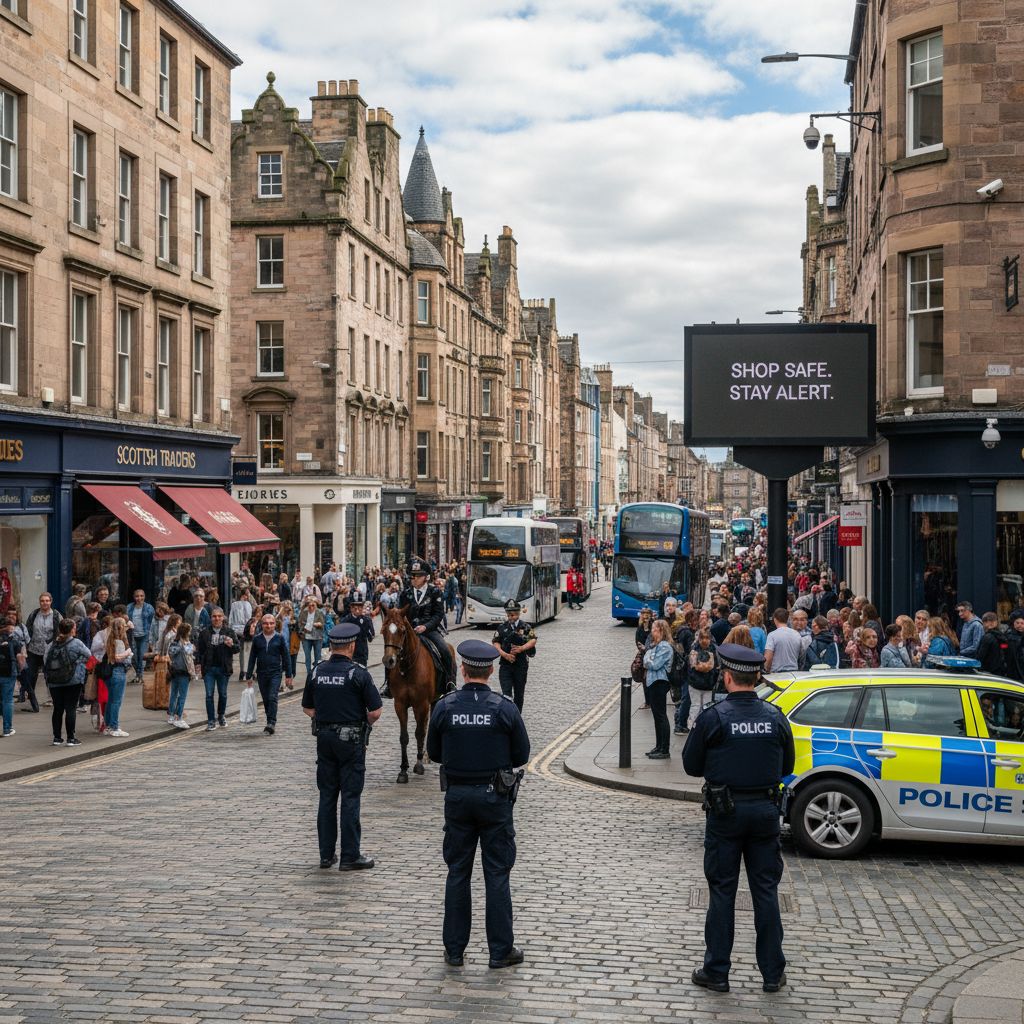 A bustling shopping street in Scotland with visible police presence