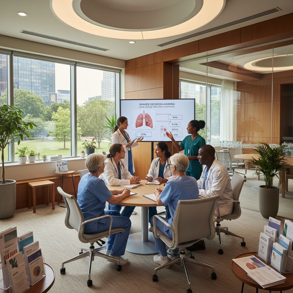 Healthcare professionals and patients discussing lung cancer treatment options.