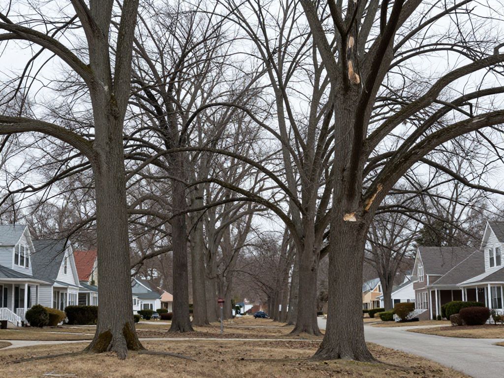 Inspecting bare trees in Plymouth MI for health issues in February.