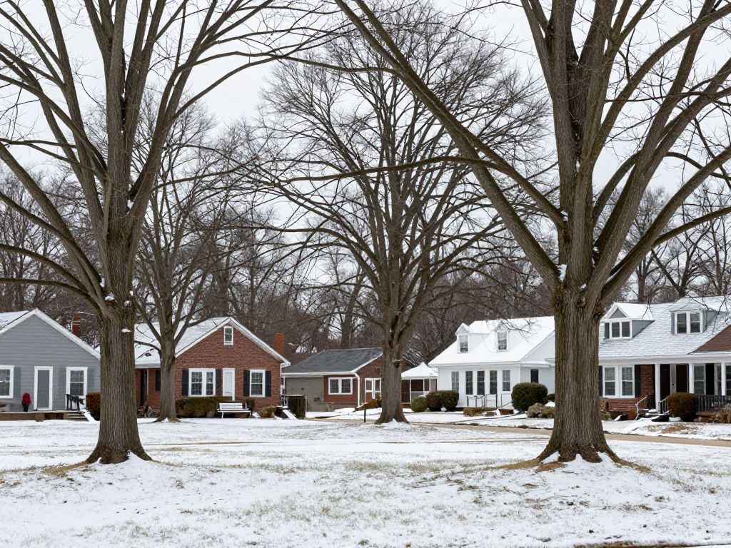 Leafless trees in Plymouth MI during winter, ideal for dormant pruning.