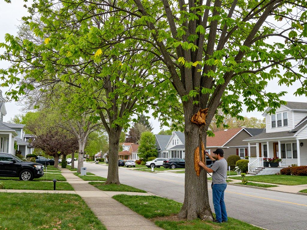 Homeowner inspecting ash trees for Emerald Ash Borer signs in Plymouth MI.