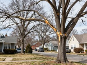Tree in Plymouth MI showing freeze-thaw damage with cracked branches and peeling bark.