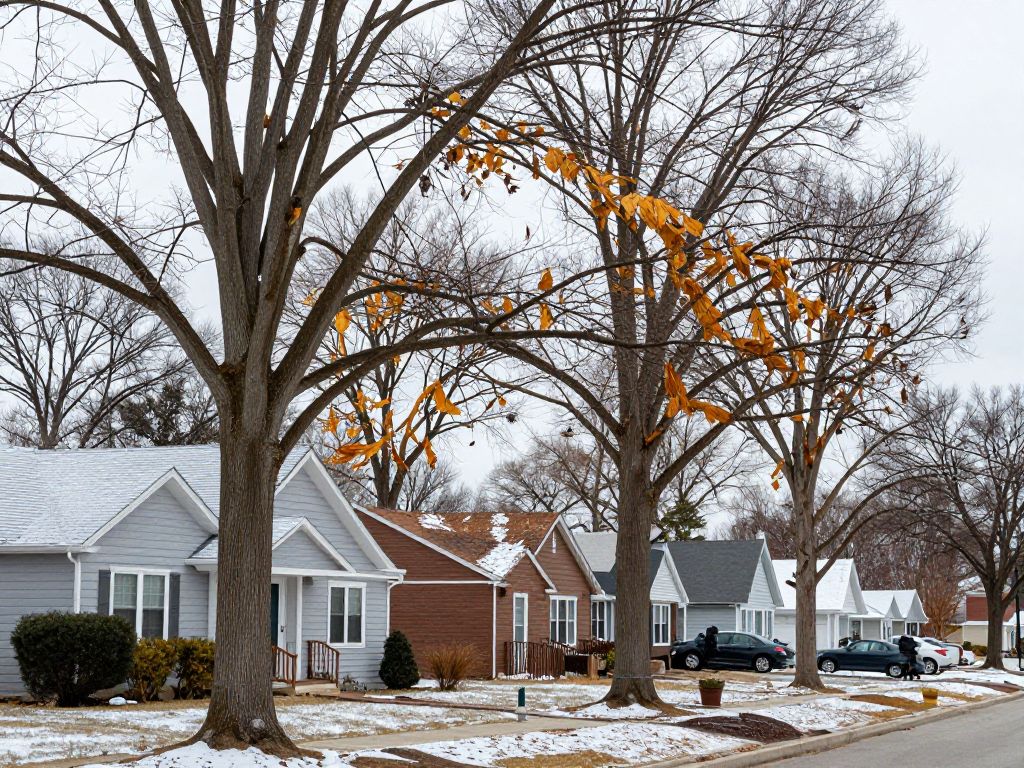 Mature trees in a Plymouth MI neighborhood showing signs of damage before spring season.