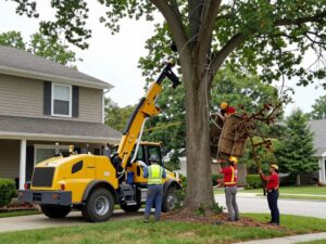 Image of professional tree removal crew in Plymouth MI safely removing a large tree.