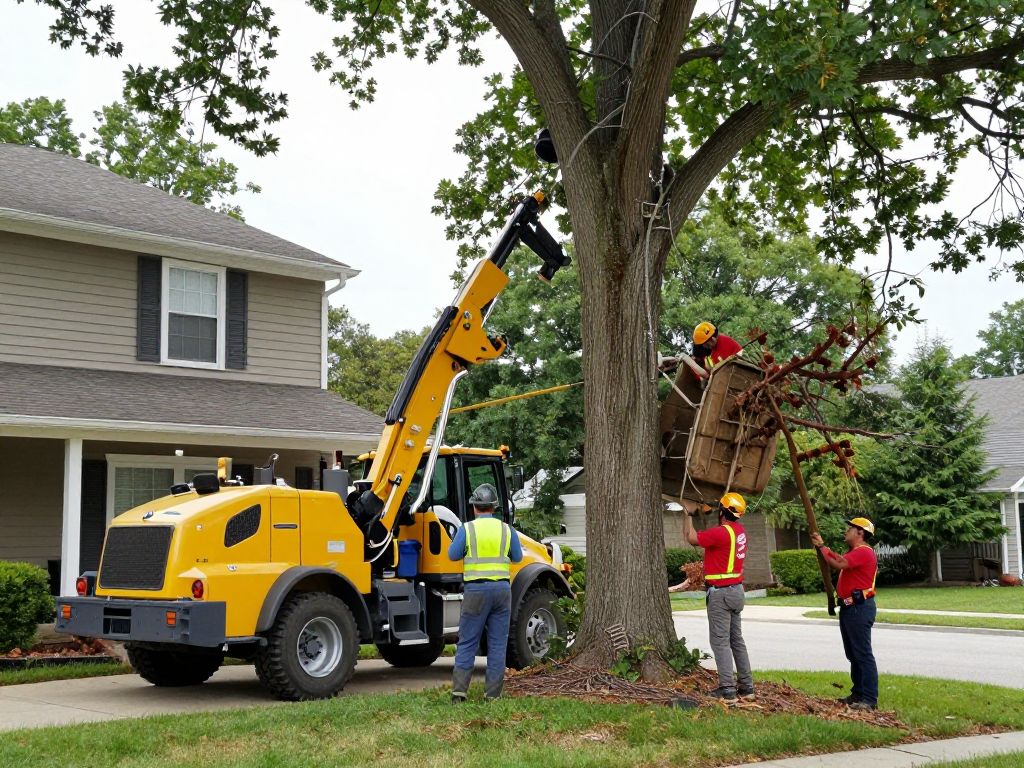 Image of professional tree removal crew in Plymouth MI safely removing a large tree.
