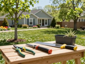 Tree care tools set up in a Plymouth MI backyard for spring maintenance