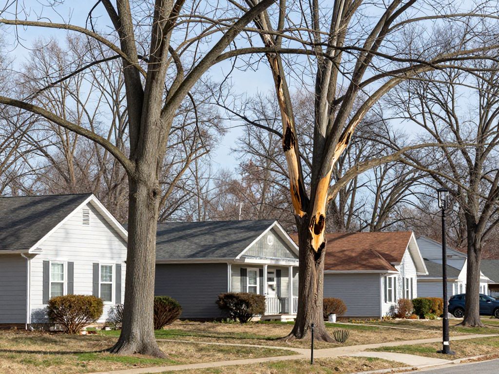 Trees in Plymouth MI with evidence of wildlife damage as winter fades.