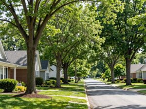 Healthy trees in Plymouth MI, emphasizing importance of tree risk assessments for home safety.