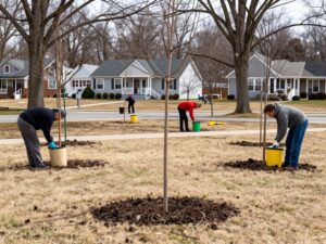 Young trees in Plymouth MI wrapped for winter protection against frost and sunscald.