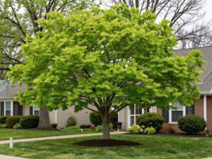 Vibrant green trees in a Plymouth MI yard showing healthy spring growth.