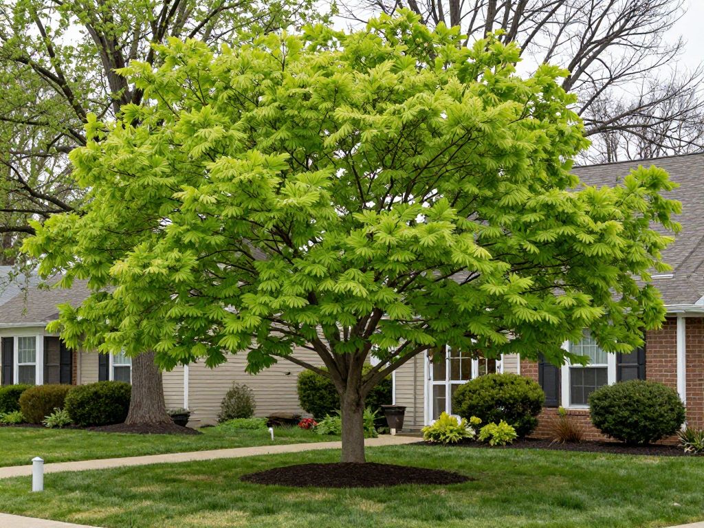 Vibrant green trees in a Plymouth MI yard showing healthy spring growth.