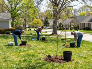 Homeowners planting diverse trees in Plymouth MI during spring