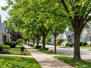 Vibrant trees in a Plymouth MI neighborhood showcasing healthy growth and landscaping.